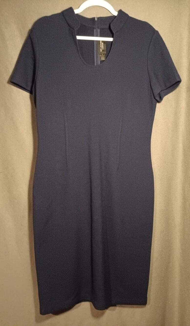 St John Caviar Navy Wool Sheath Dress Size 12 Luxe Classic Couture Elegant - Picture 2 of 5